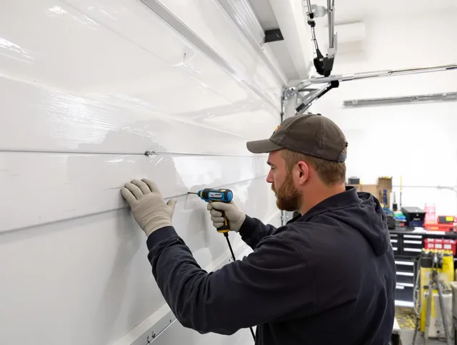Kendale Lakes Garage Door Repair technician demonstrating precision dent removal techniques on a Kendale Lakes garage door