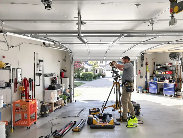 Kendale Lakes Garage Door Repair specialist performing laser-guided track alignment in Kendale Lakes